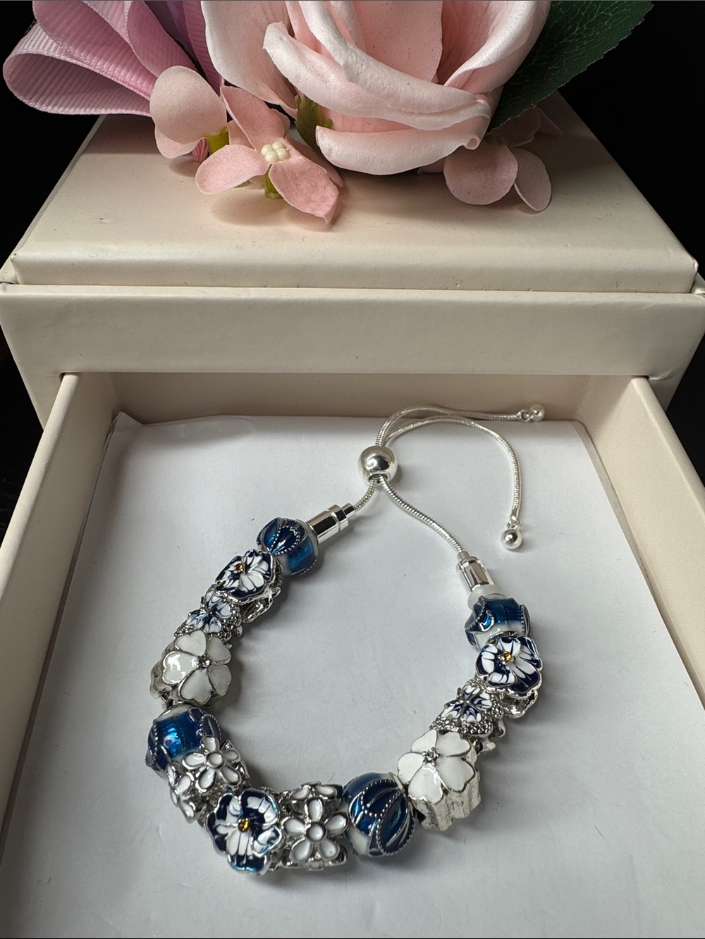 Silver-Tone Blue & White Floral Charm Bracelet with Adjustable Slider